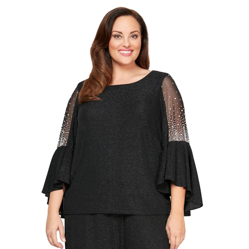 Alex Evenings Women's Plus Size Metallic Knit 3/4 Sleeve Blouse, Pair with Our Pants or Skirts for Any Formal Event, Black Bell Sleeve, 1X - Image 1